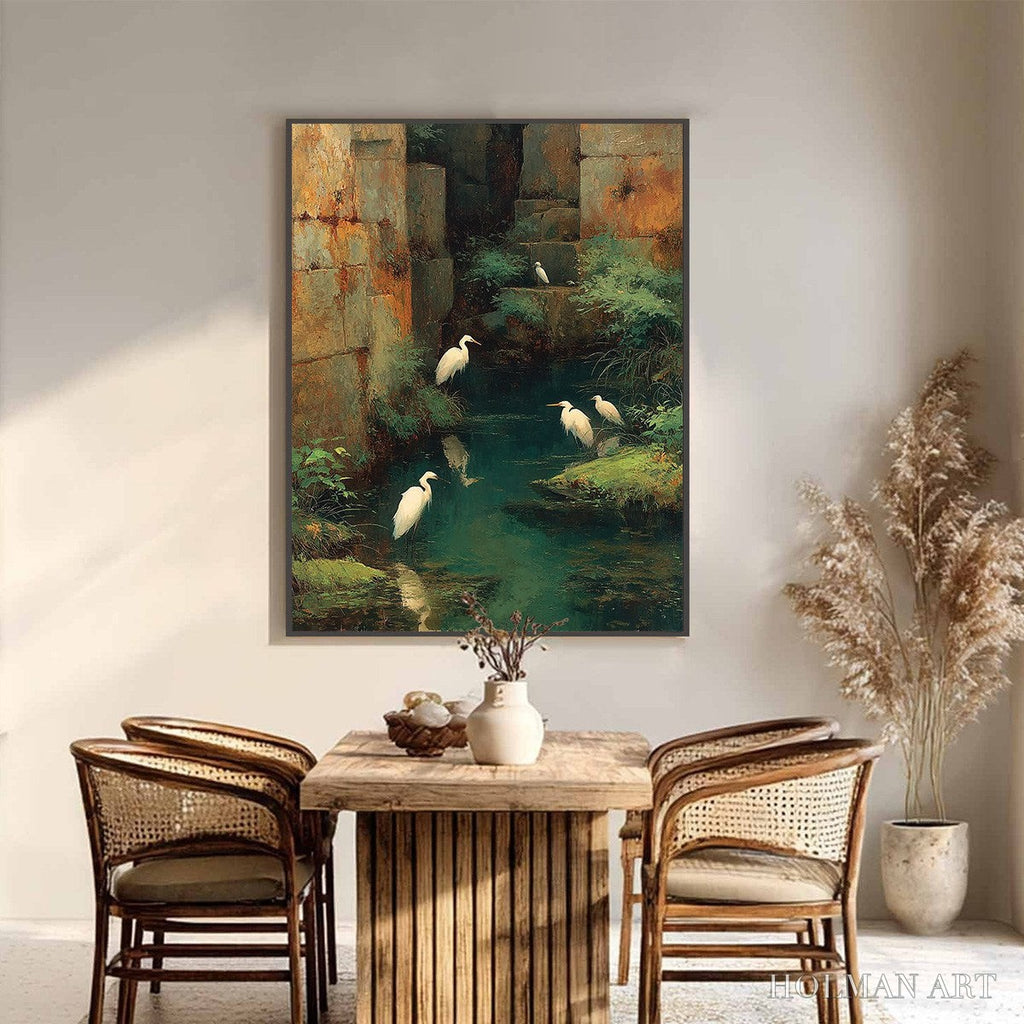 HOLMAN ART the Forgotten Oasis – Vertical Egret Painting of Birds in a Serene Natural Sanctuary - image 6