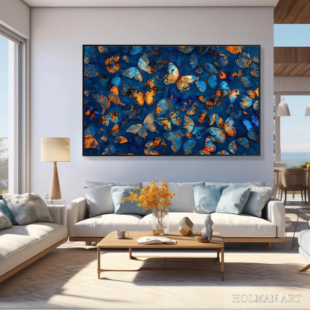 HOLMAN ART Blue Morpho Waltz – Blue & Gold Butterfly Oil Painting on Canvas - image 2