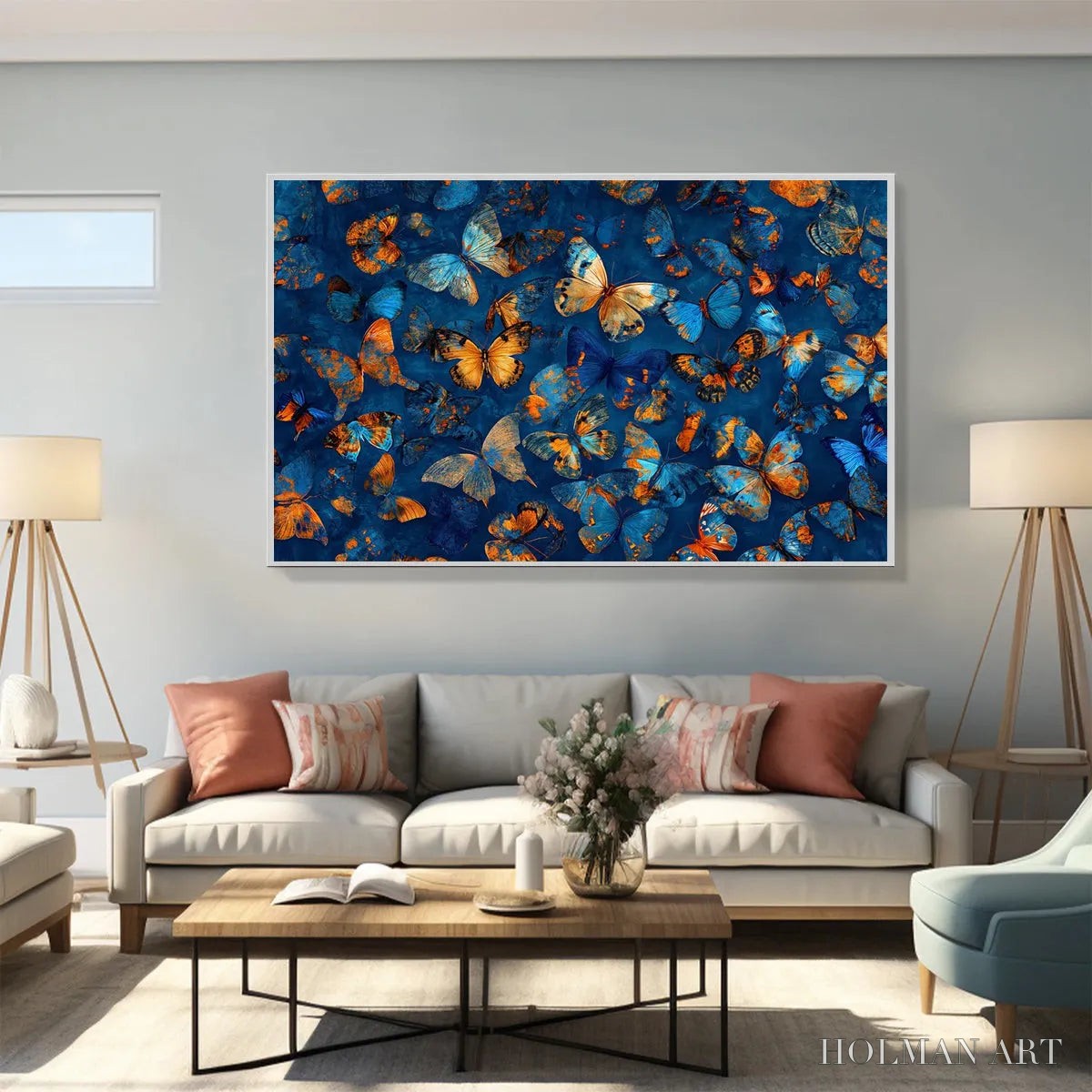 HOLMAN ART Blue Morpho Waltz – Blue & Gold Butterfly Oil Painting on Canvas - image 5