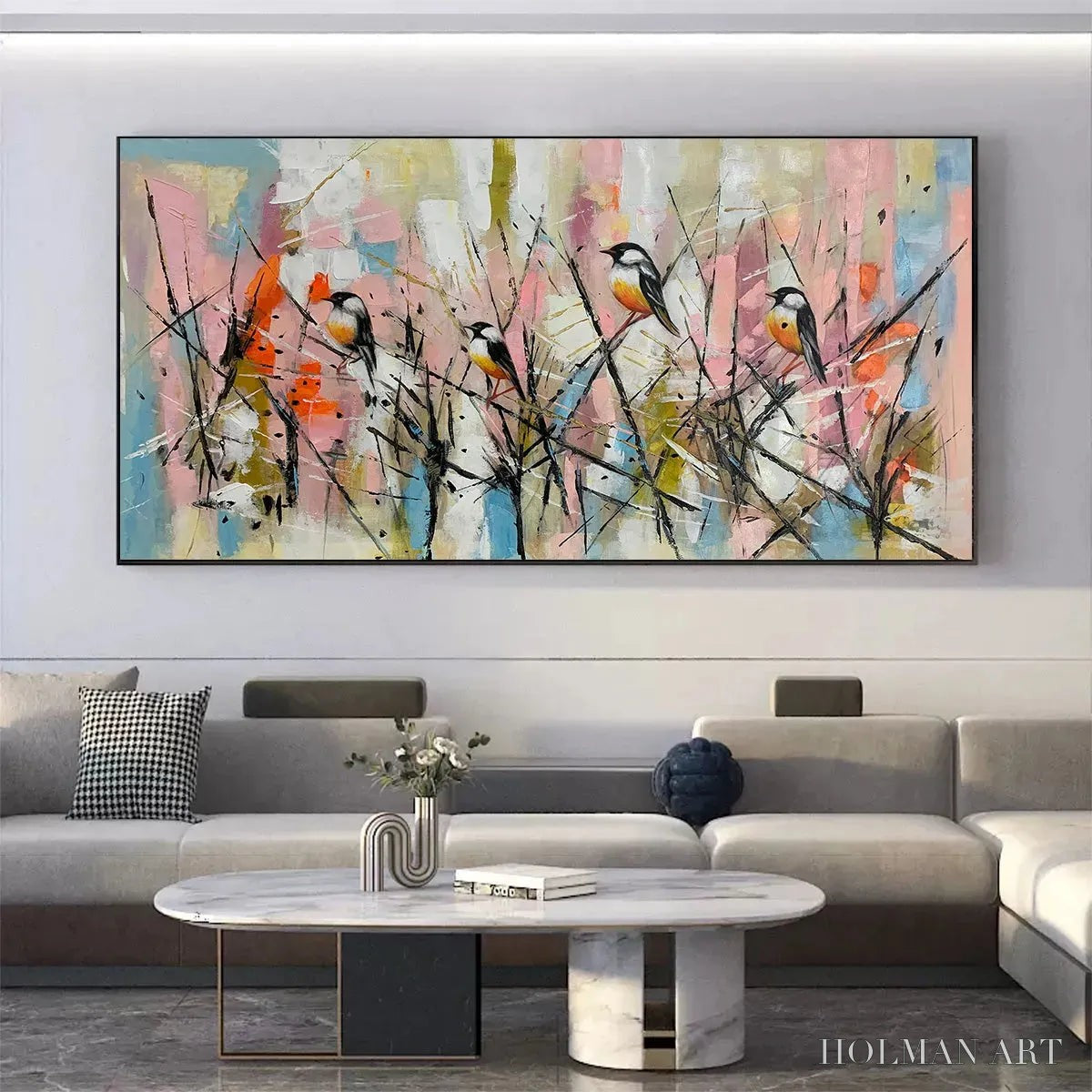 HOLMAN ART Whimsical Birds – Panoramic Painting of Birds on Branches, Pastel Colors, Modern , Pink, Blue - image 2