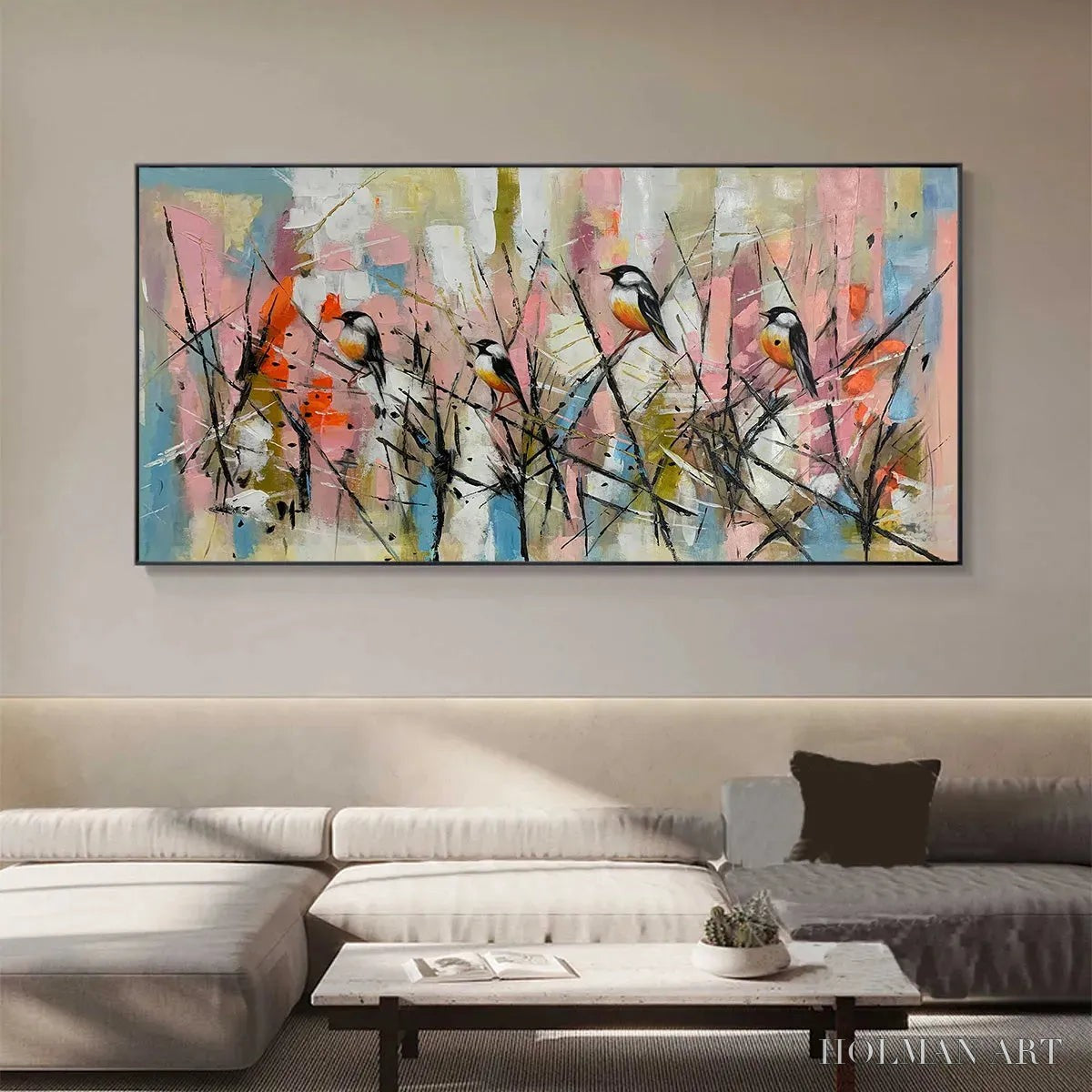 HOLMAN ART Whimsical Birds – Panoramic Painting of Birds on Branches, Pastel Colors, Modern , Pink, Blue - image 4