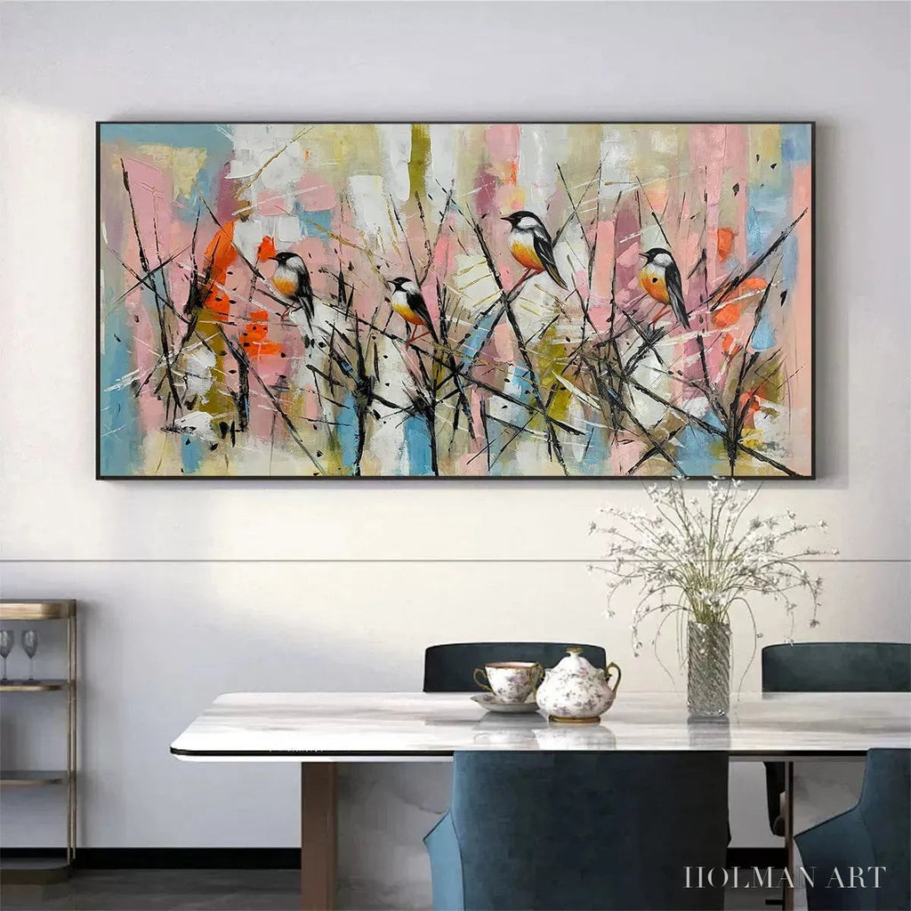 HOLMAN ART Whimsical Birds – Panoramic Painting of Birds on Branches, Pastel Colors, Modern , Pink, Blue - image 5