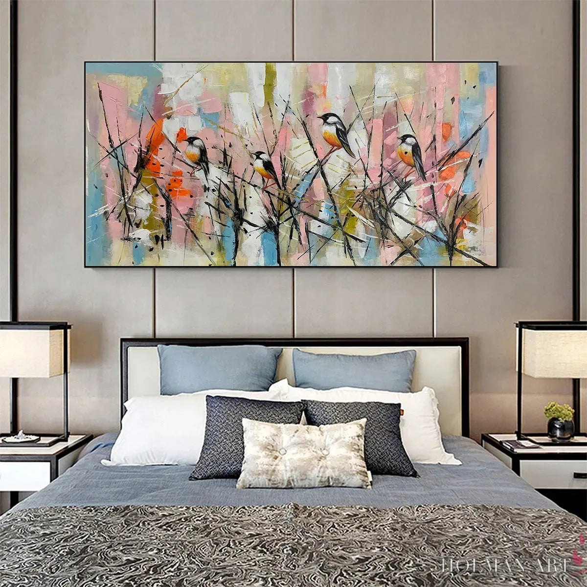 HOLMAN ART Whimsical Birds – Panoramic Painting of Birds on Branches, Pastel Colors, Modern , Pink, Blue - image 6