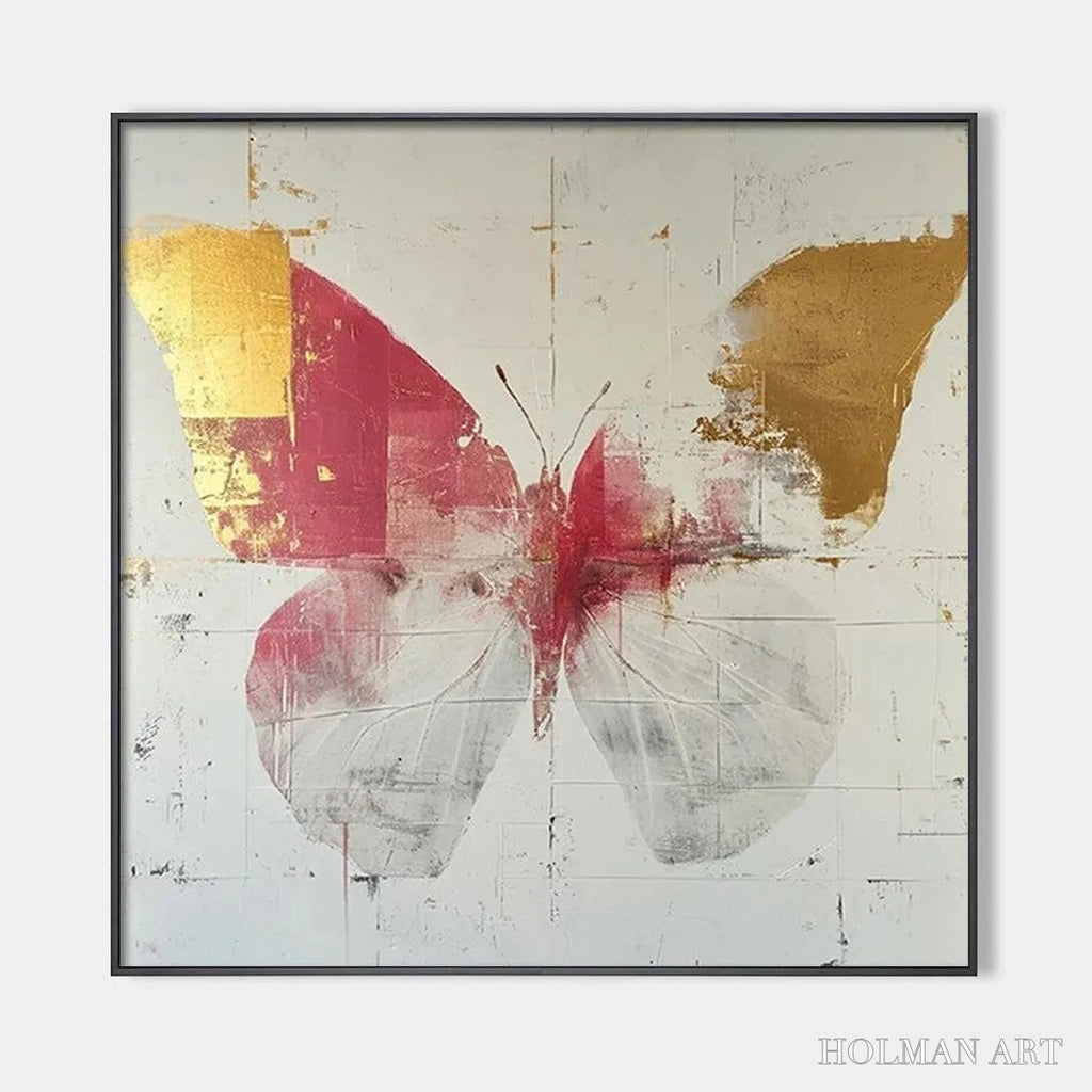 HOLMAN ART Golden Butterfly – Butterfly Painting, Gold and Pink , Square Canvas Art, Bedroom Decor - image 1