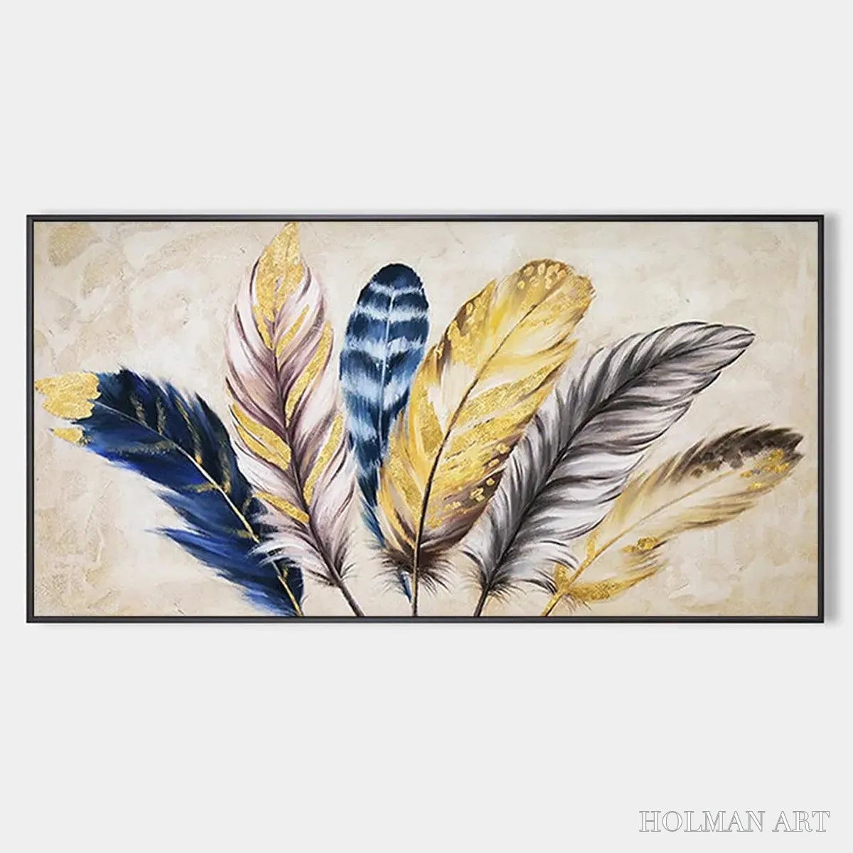 HOLMAN ART Golden Feathers – Elegant Feather Painting, Horizontal - image 1