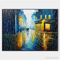 HOLMAN ART Rainy Night in Paris – Textured Cityscape Painting, Rainy Street Scene, Blue, Living Room, Dining Room, Office - image 1