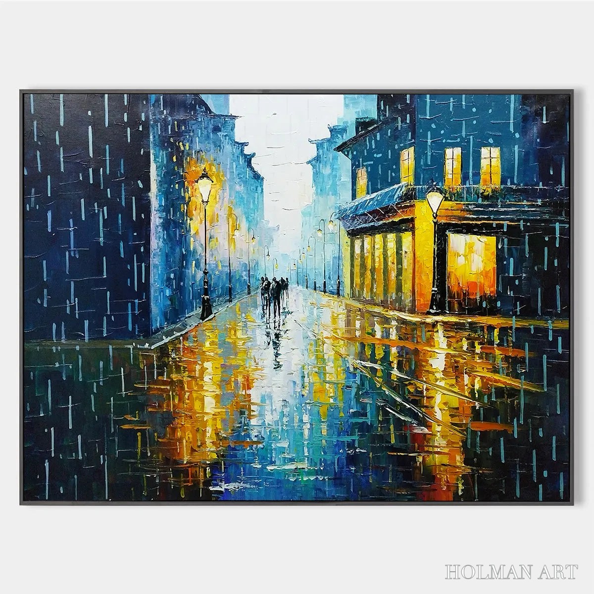 HOLMAN ART Rainy Night in Paris – Textured Cityscape Painting, Rainy Street Scene, Blue, Living Room, Dining Room, Office - image 1