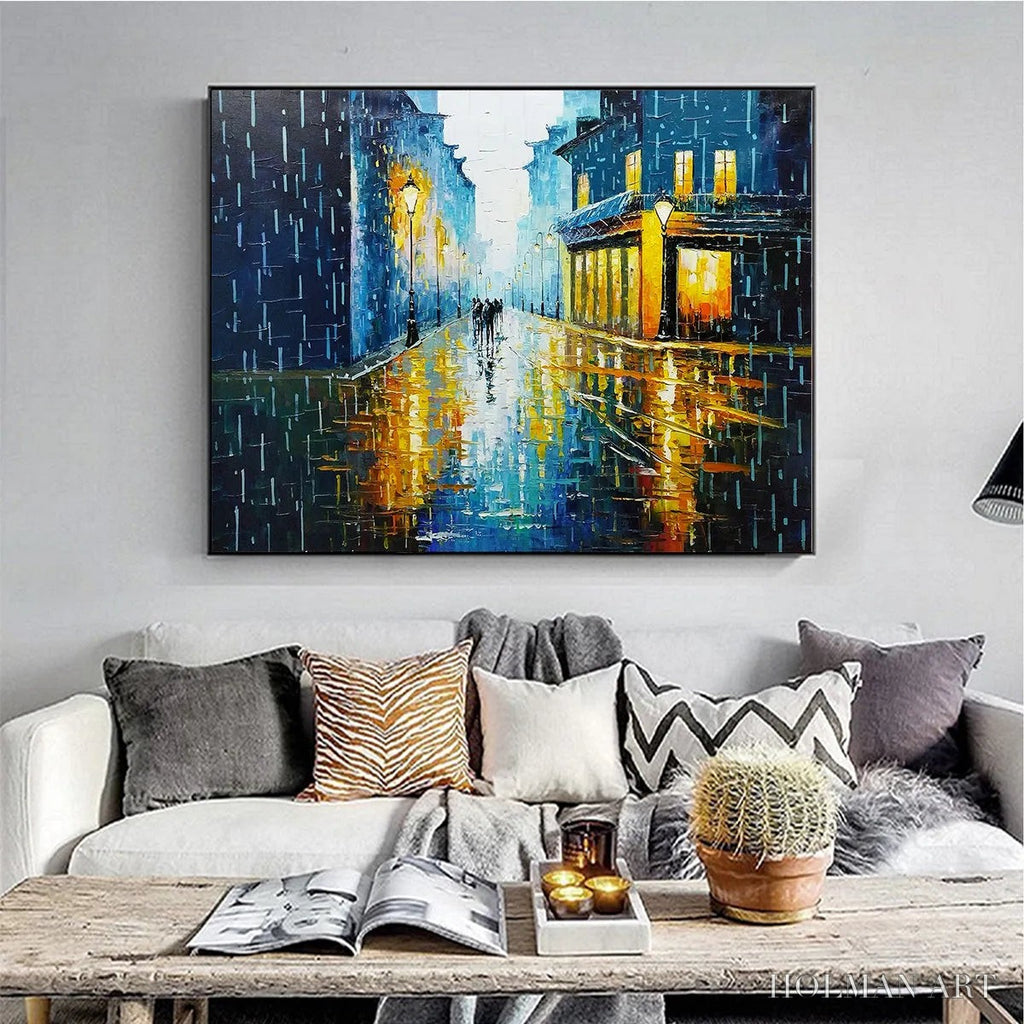 HOLMAN ART Rainy Night in Paris – Textured Cityscape Painting, Rainy Street Scene, Blue, Living Room, Dining Room, Office - image 2