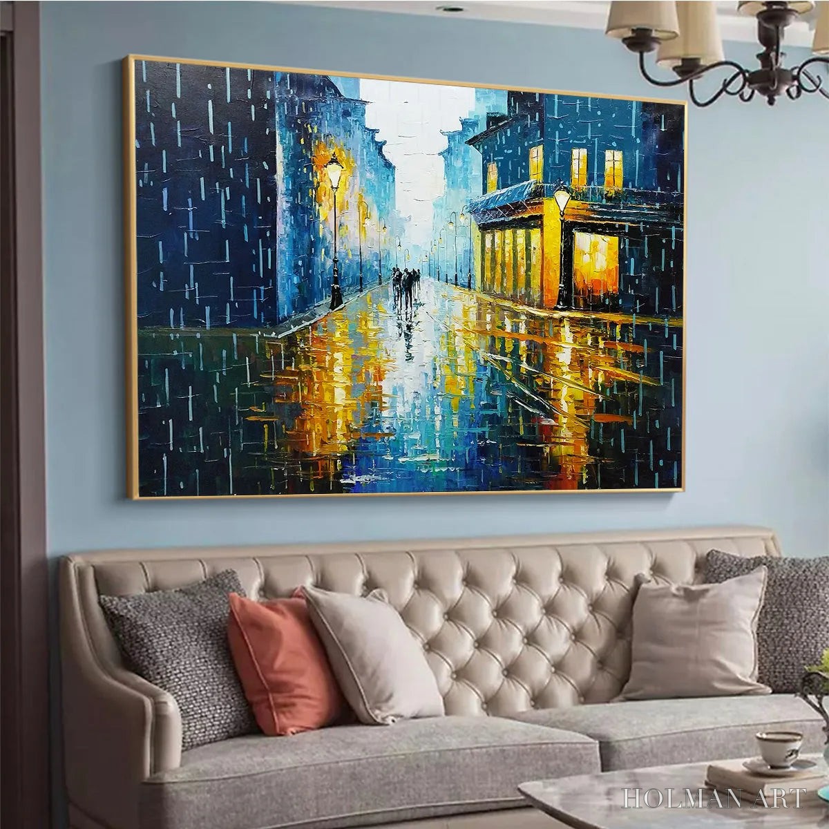 HOLMAN ART Rainy Night in Paris – Textured Cityscape Painting, Rainy Street Scene, Blue, Living Room, Dining Room, Office - image 4