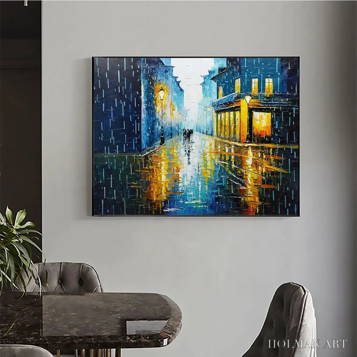 HOLMAN ART Rainy Night in Paris – Textured Cityscape Painting, Rainy Street Scene, Blue, Living Room, Dining Room, Office - image 5