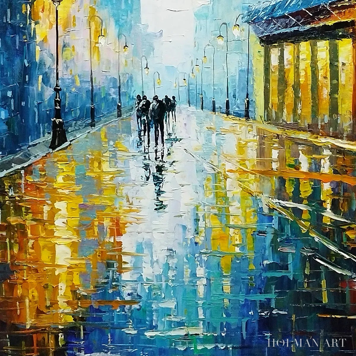 HOLMAN ART Rainy Night in Paris – Textured Cityscape Painting, Rainy Street Scene, Blue, Living Room, Dining Room, Office - image 6