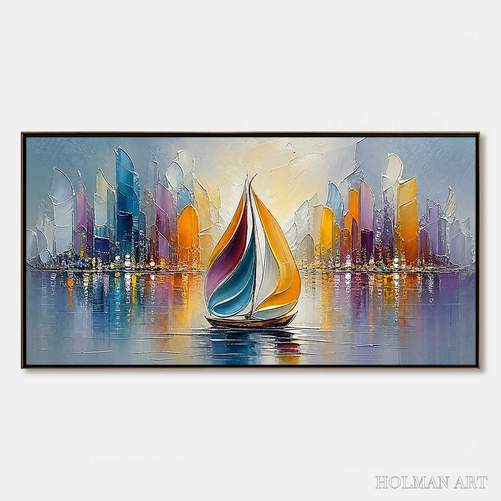 HOLMAN ART Vibrant Voyage – Textured Abstract Cityscape Sailboat Painting - image 1