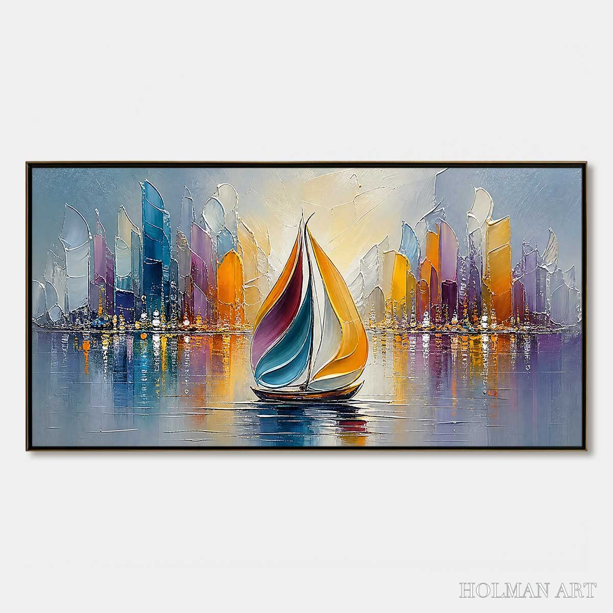 HOLMAN ART Vibrant Voyage – Textured Abstract Cityscape Sailboat Painting - image 1