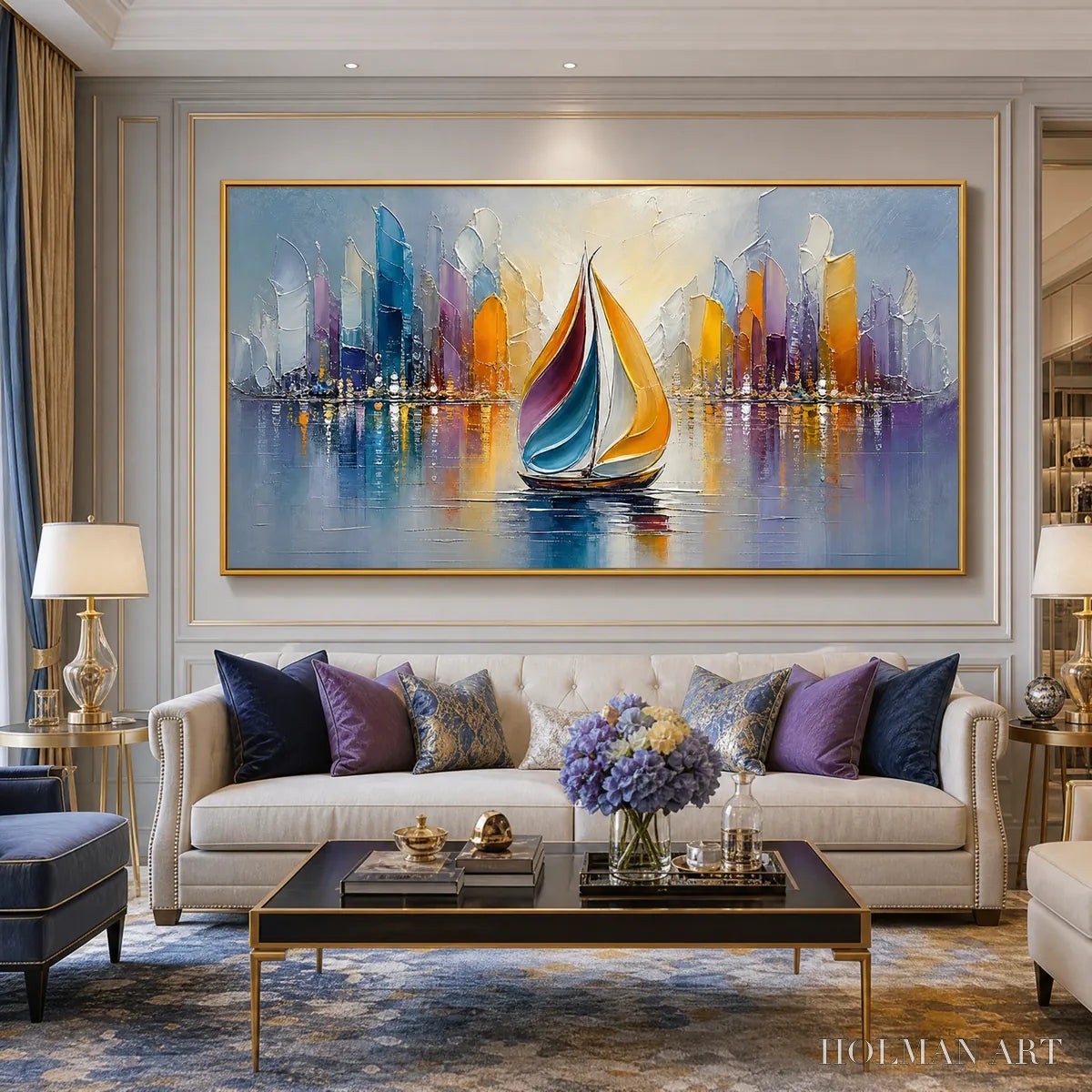 HOLMAN ART Vibrant Voyage – Textured Abstract Cityscape Sailboat Painting - image 2