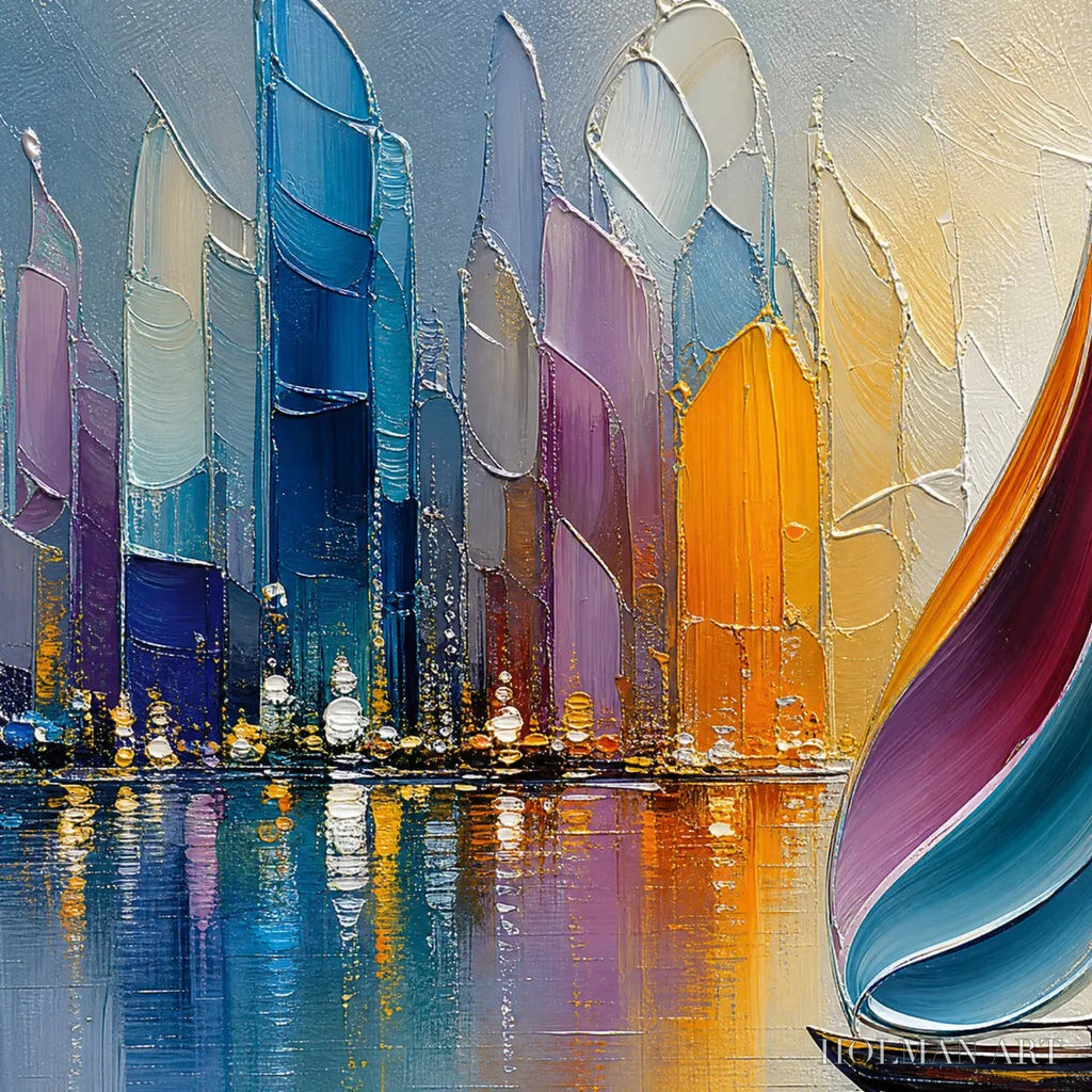 HOLMAN ART Vibrant Voyage – Textured Abstract Cityscape Sailboat Painting - image 3