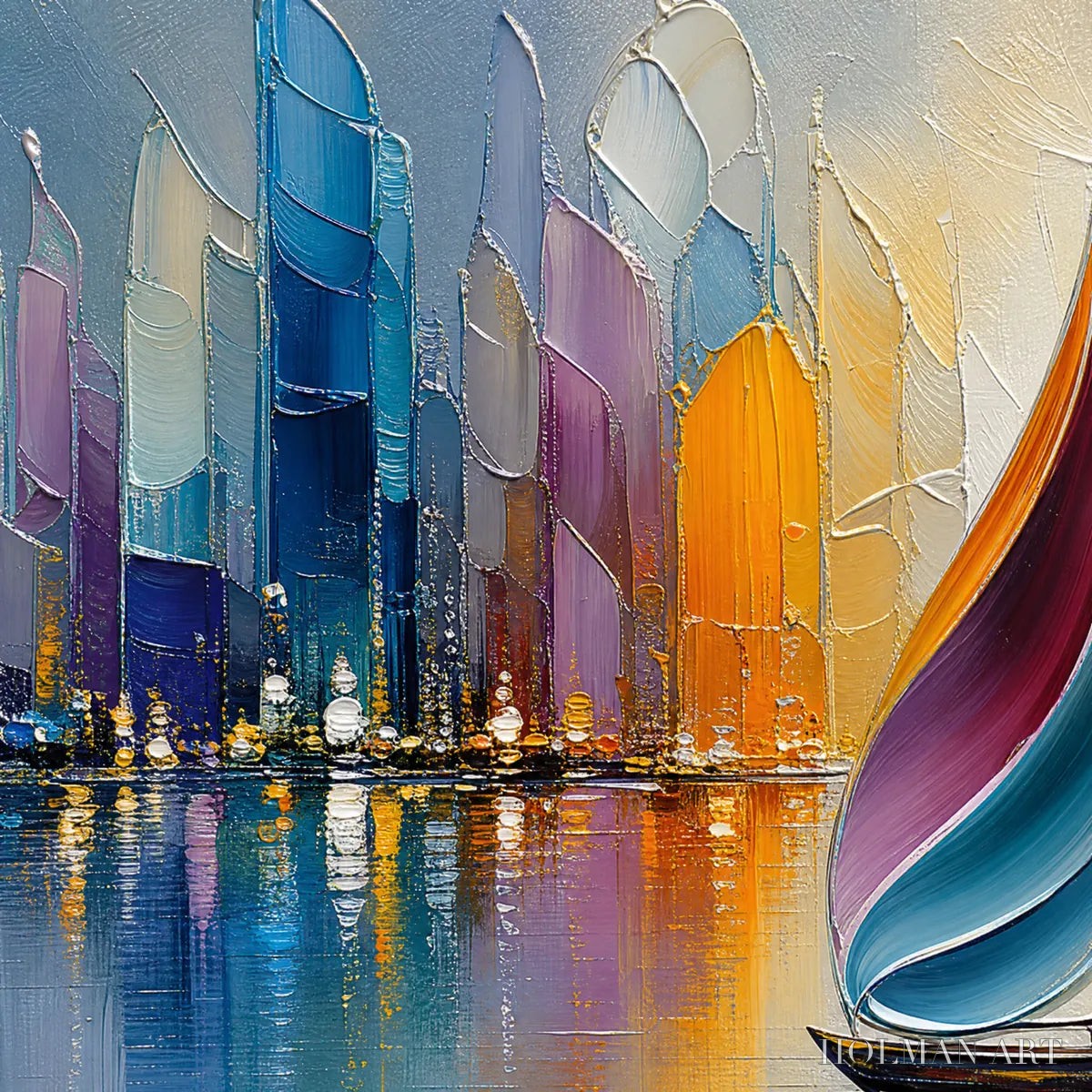 HOLMAN ART Vibrant Voyage – Textured Abstract Cityscape Sailboat Painting - image 3