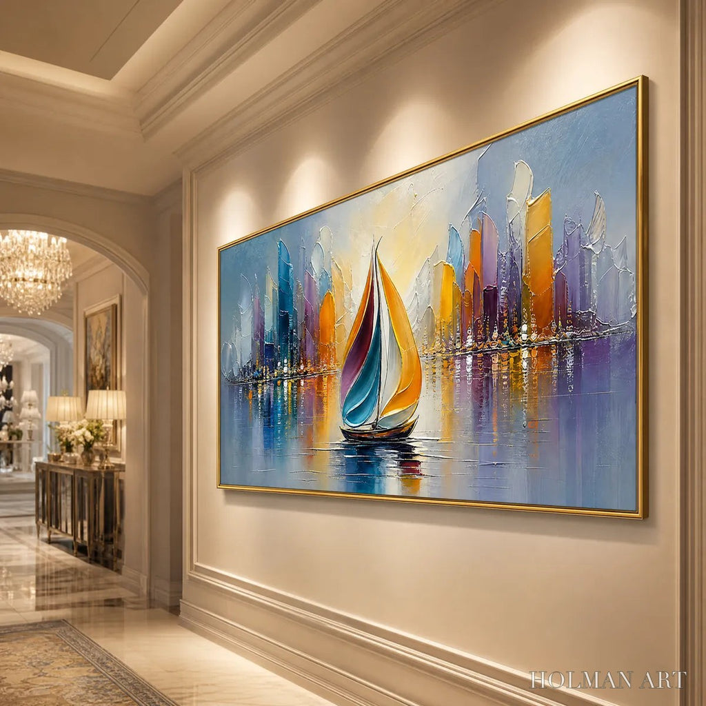 HOLMAN ART Vibrant Voyage – Textured Abstract Cityscape Sailboat Painting - image 4