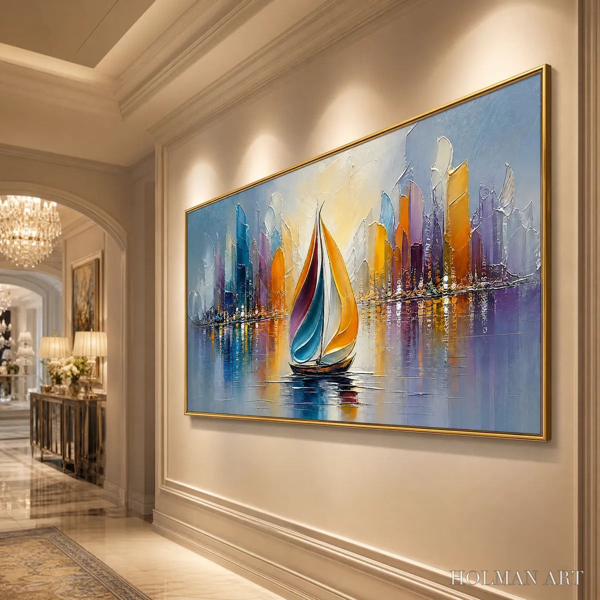 HOLMAN ART Vibrant Voyage – Textured Abstract Cityscape Sailboat Painting - image 4