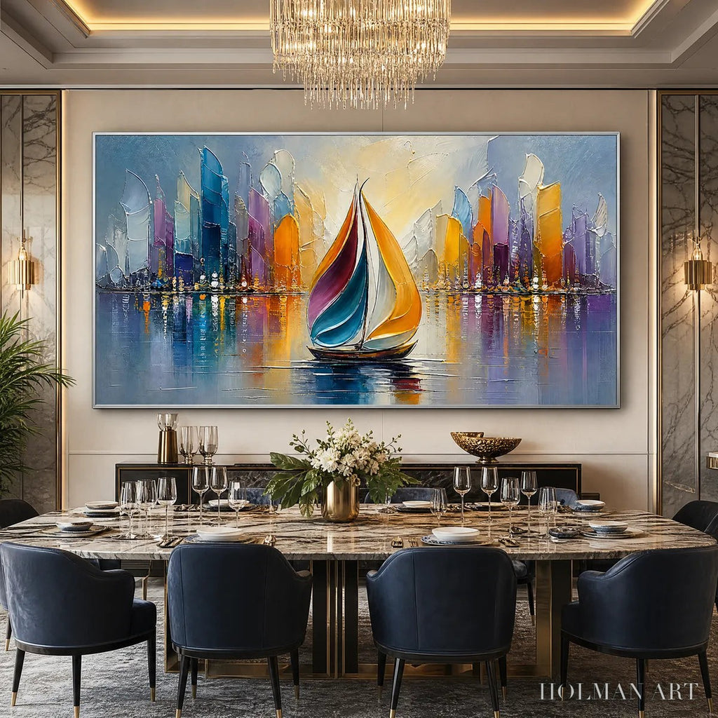 HOLMAN ART Vibrant Voyage – Textured Abstract Cityscape Sailboat Painting - image 6