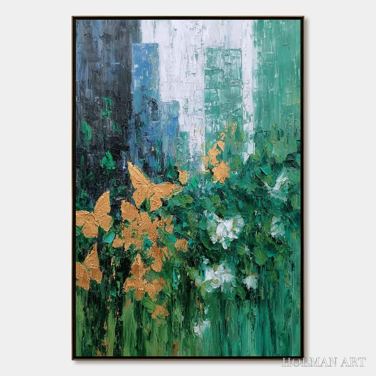 HOLMAN ART Golden Metamorphosis – Textured Abstract Cityscape Painting with Golden Butterflies - image 1