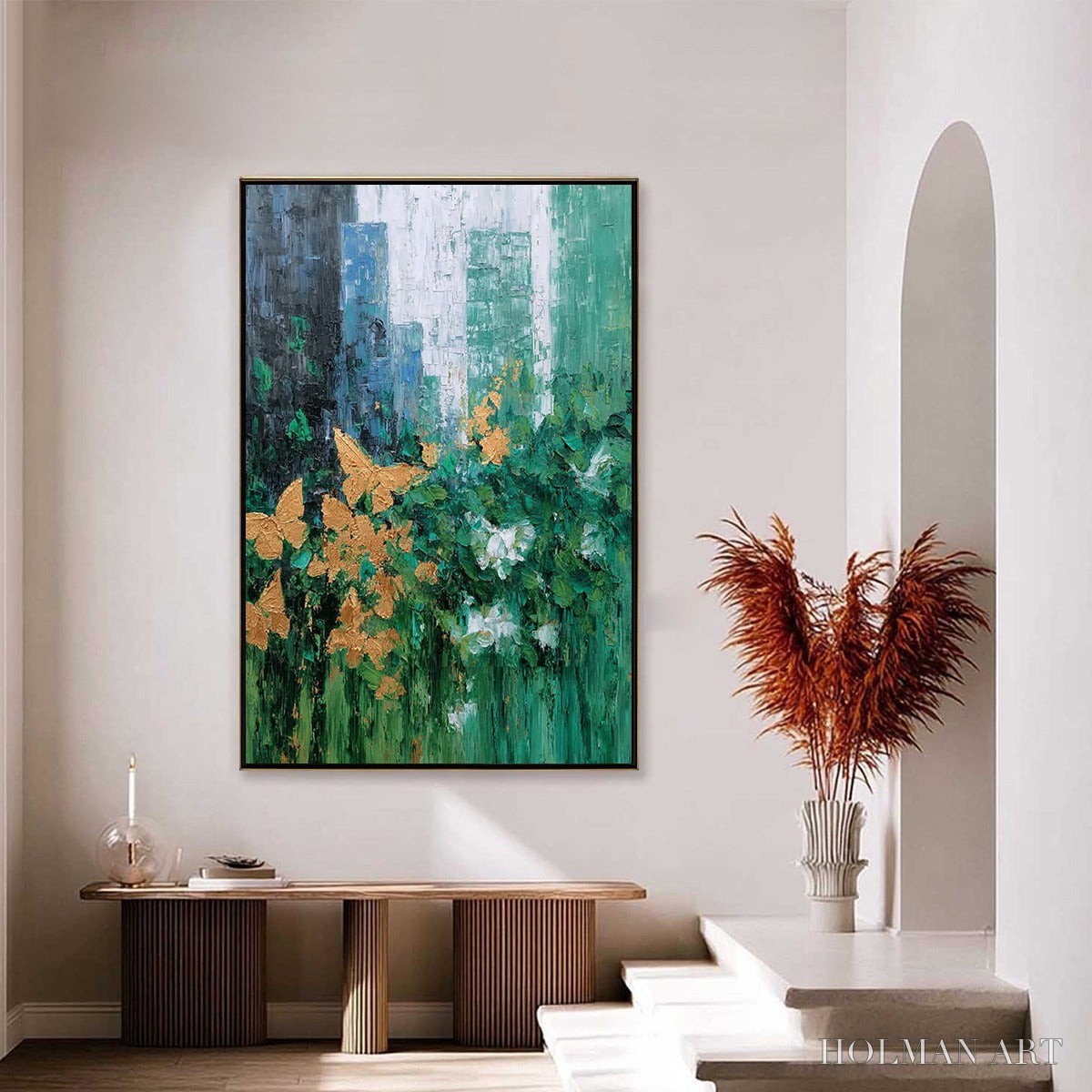 HOLMAN ART Golden Metamorphosis – Textured Abstract Cityscape Painting with Golden Butterflies - image 4