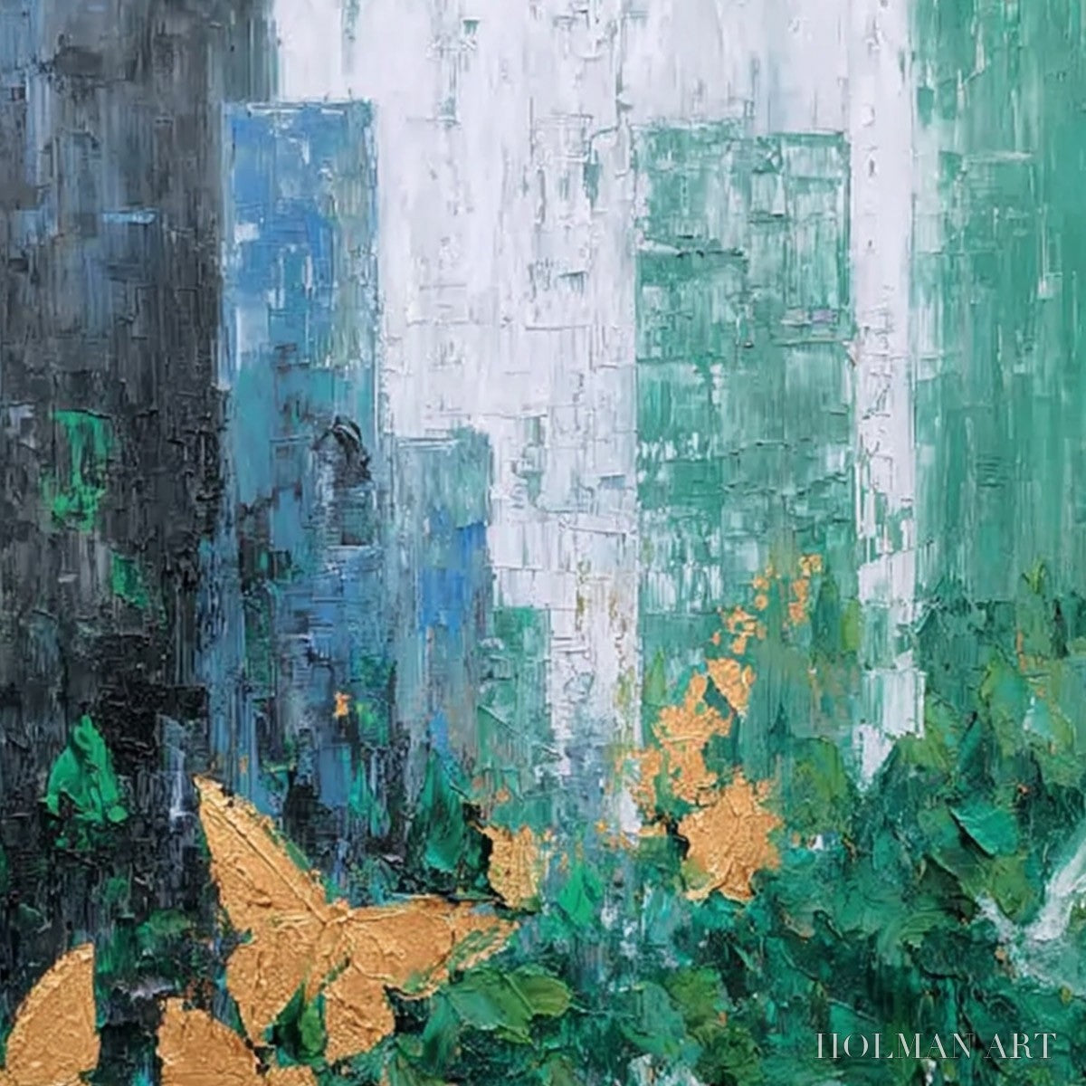HOLMAN ART Golden Metamorphosis – Textured Abstract Cityscape Painting with Golden Butterflies - image 5