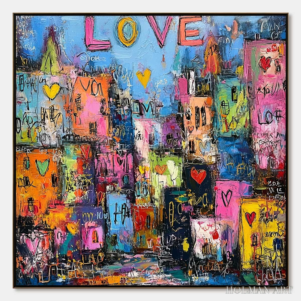 HOLMAN ART City of Love – Vibrant Textured Abstract Cityscape 'Love' Painting - image 1