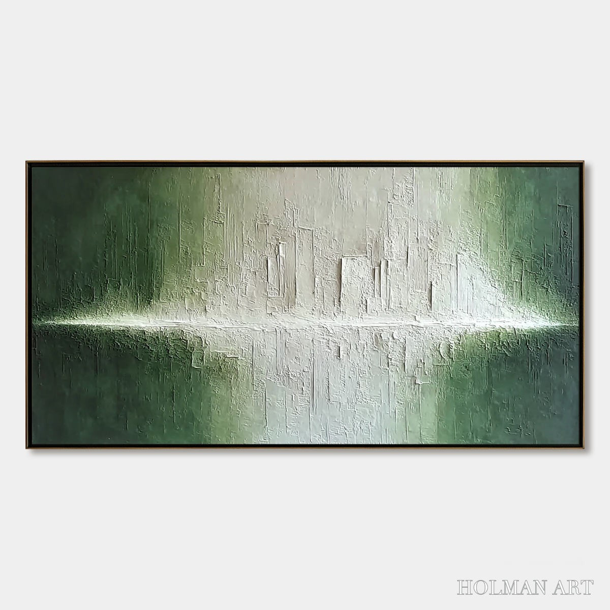 HOLMAN ART Emerald Horizon – Large Textured Green and White Abstract Cityscape Painting - image 1