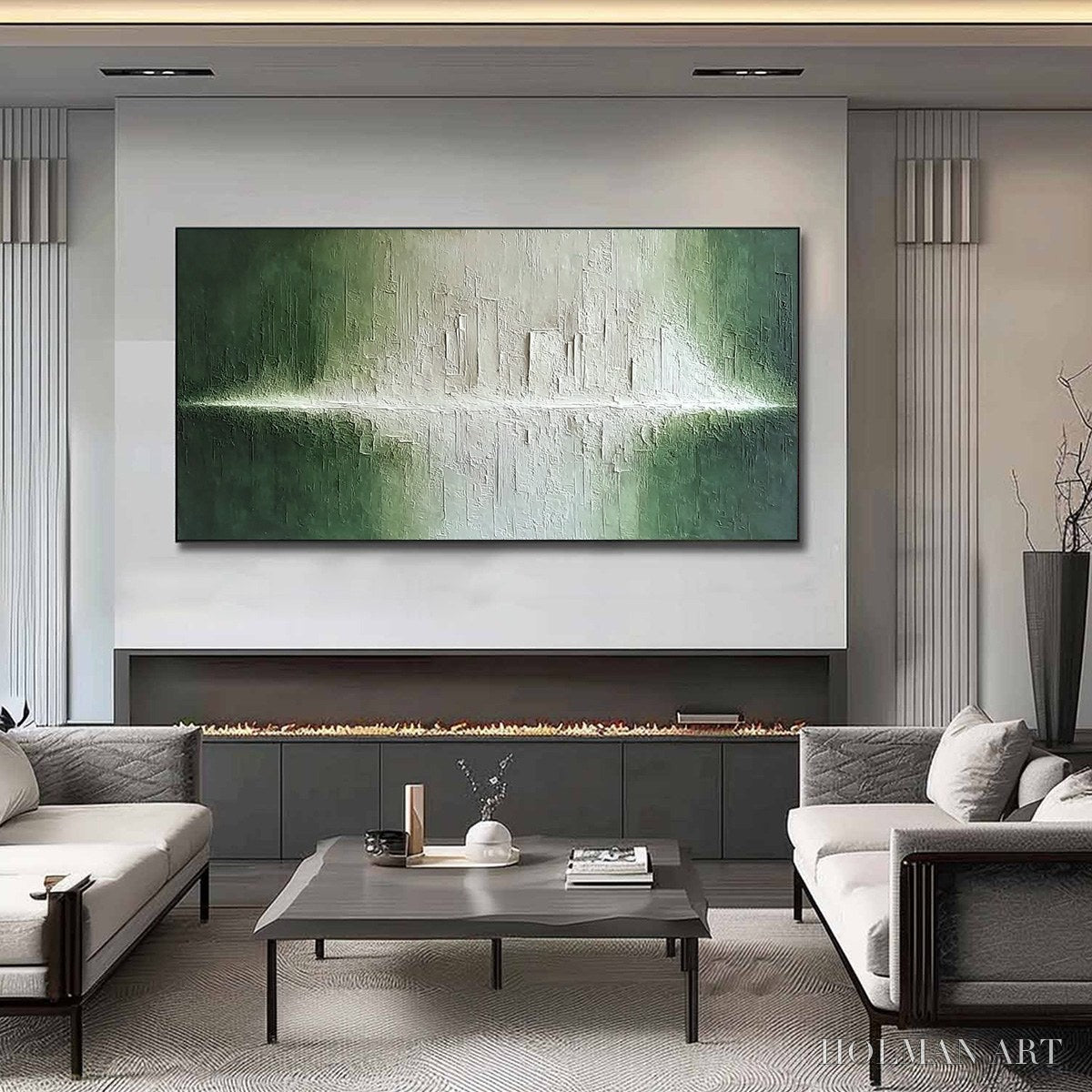 HOLMAN ART Emerald Horizon – Large Textured Green and White Abstract Cityscape Painting - image 2