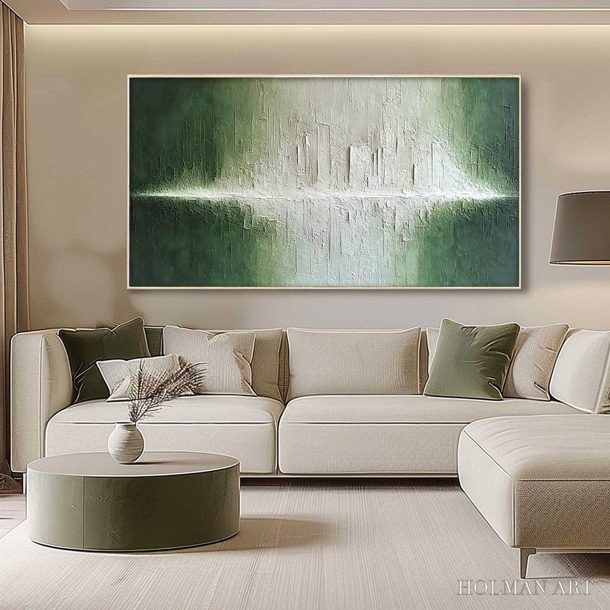 HOLMAN ART Emerald Horizon – Large Textured Green and White Abstract Cityscape Painting - image 4