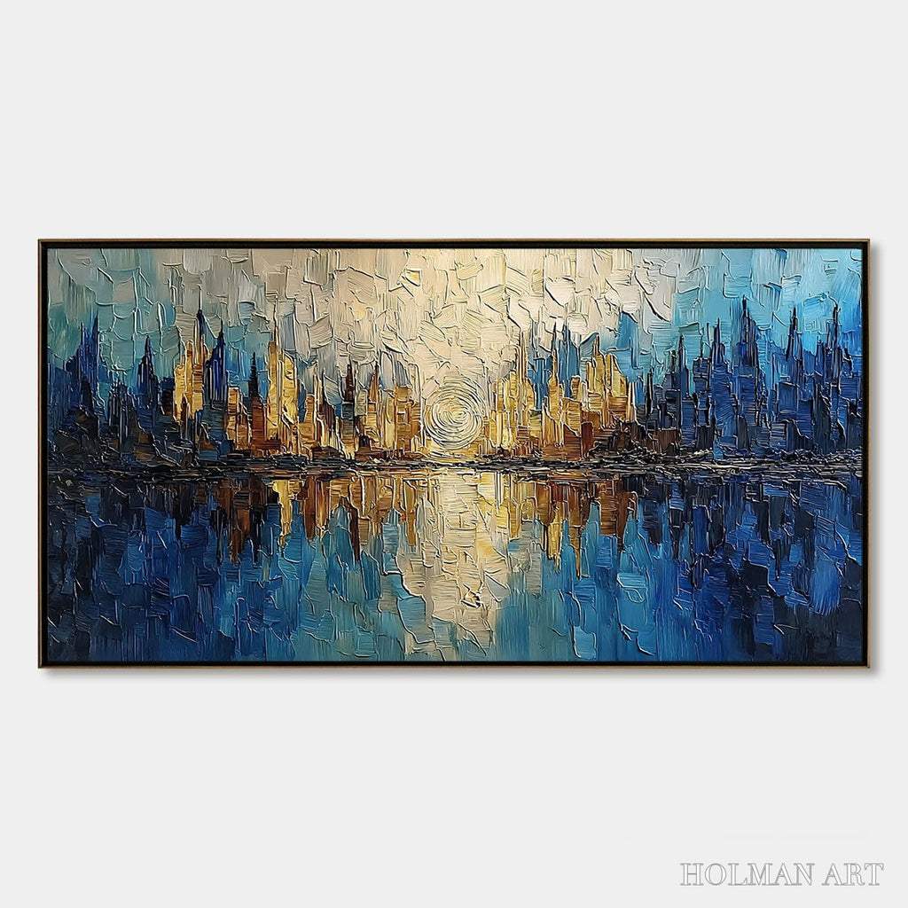 HOLMAN ART Golden Horizon Abstract Cityscape Textured Oil Painting - image 1