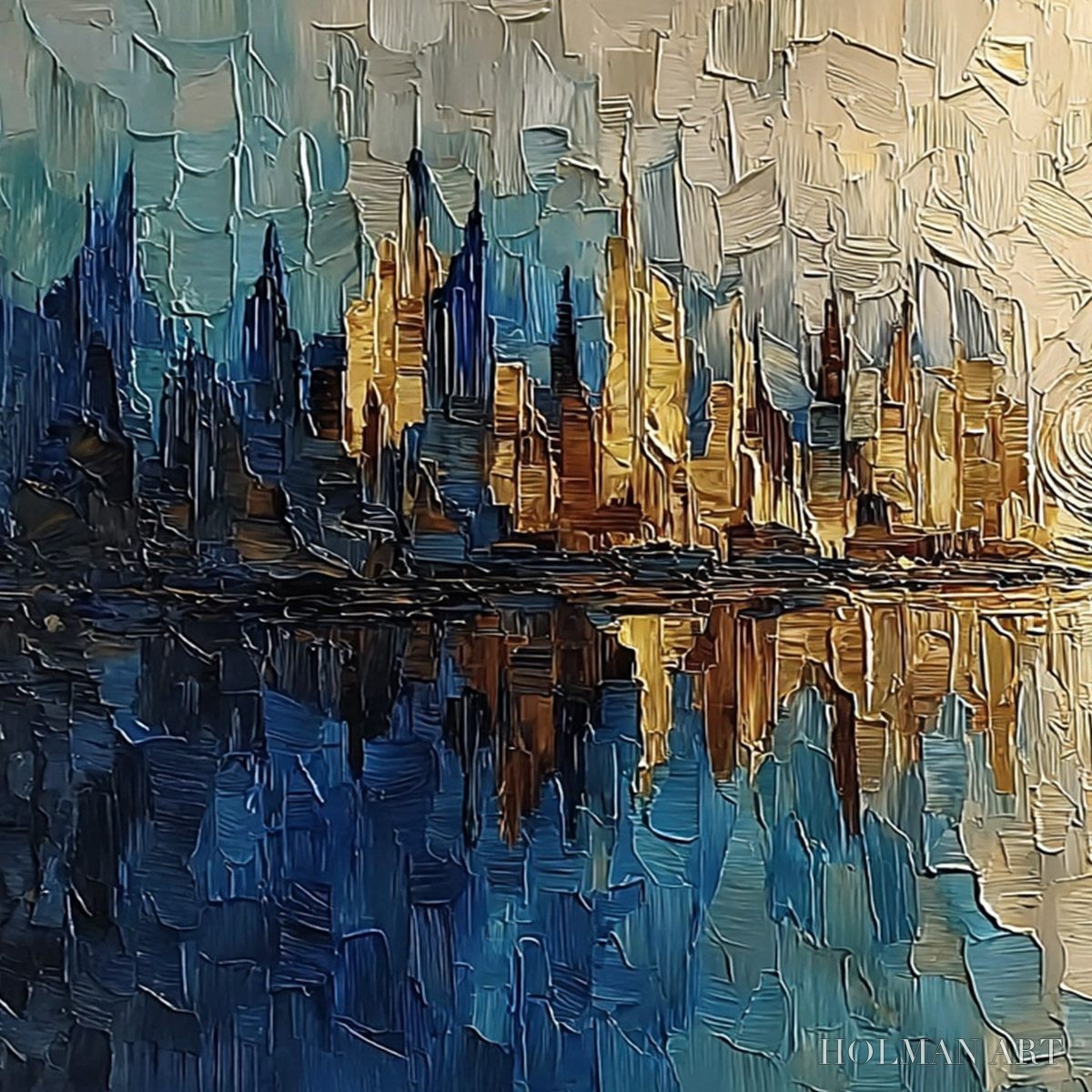 HOLMAN ART Golden Horizon Abstract Cityscape Textured Oil Painting - image 3