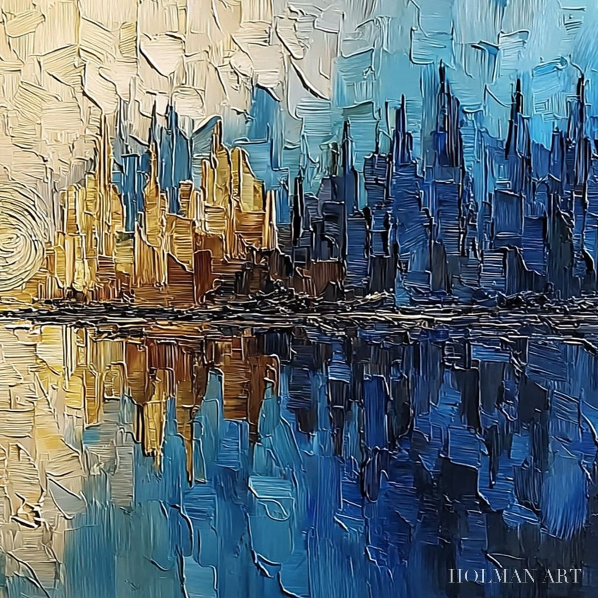 HOLMAN ART Golden Horizon Abstract Cityscape Textured Oil Painting - image 5