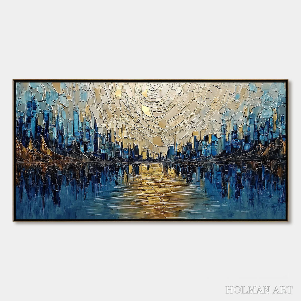 HOLMAN ART Golden Horizon – Textured Palette Knife Cityscape Reflection Painting - image 1