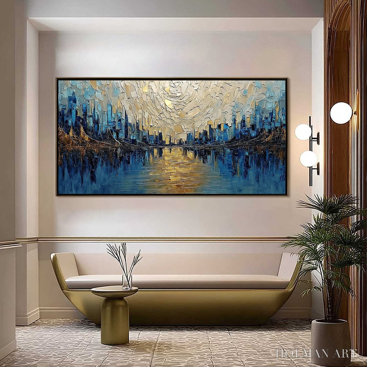 HOLMAN ART Golden Horizon – Textured Palette Knife Cityscape Reflection Painting - image 2