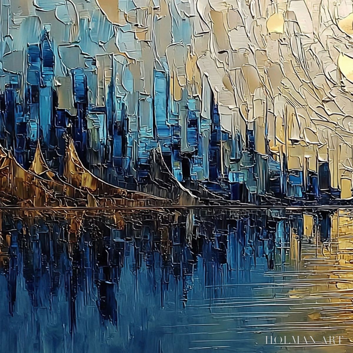 HOLMAN ART Golden Horizon – Textured Palette Knife Cityscape Reflection Painting - image 3