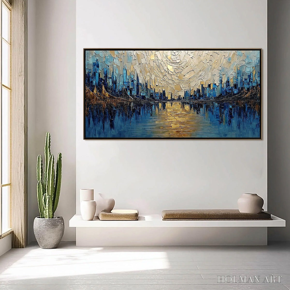 HOLMAN ART Golden Horizon – Textured Palette Knife Cityscape Reflection Painting - image 4
