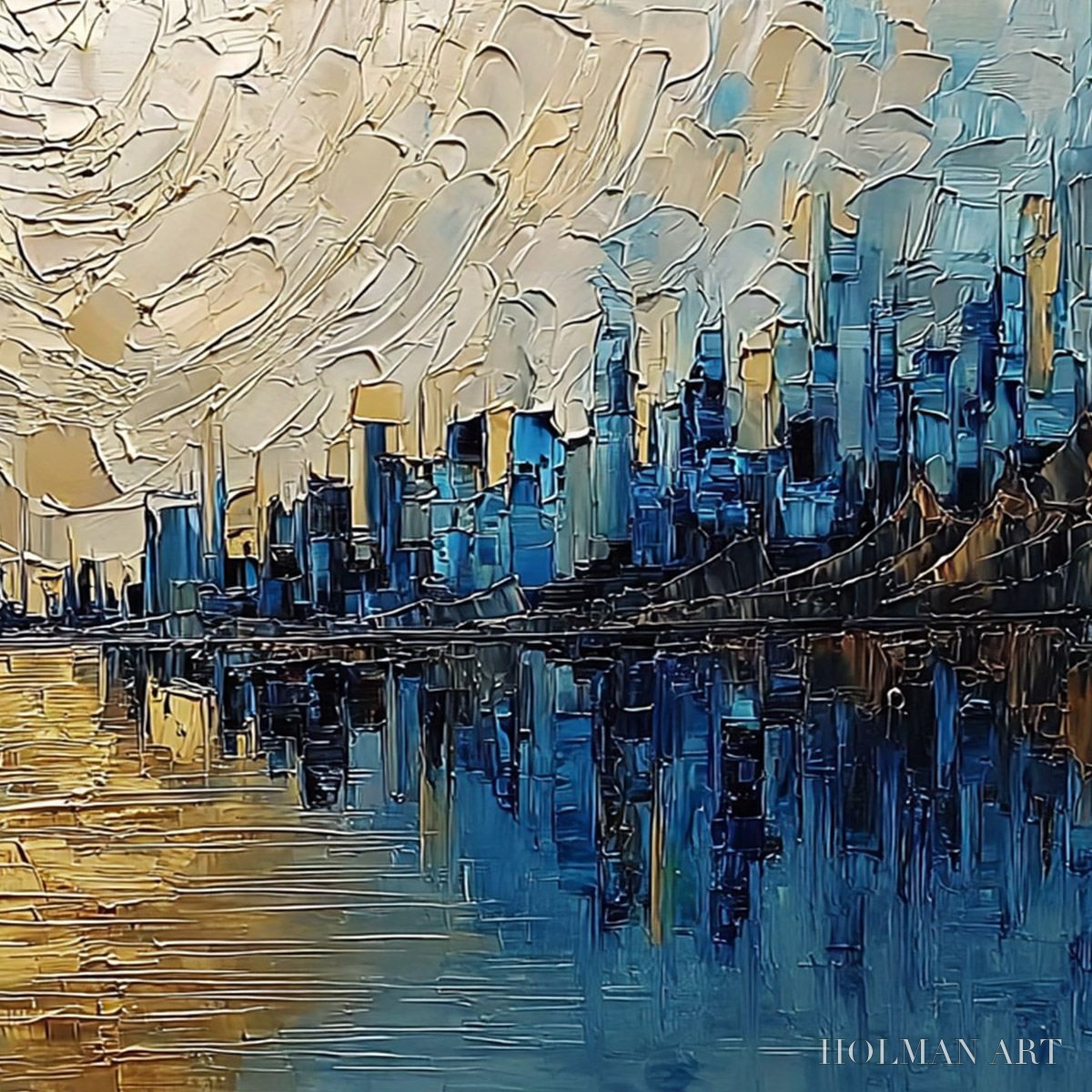 HOLMAN ART Golden Horizon – Textured Palette Knife Cityscape Reflection Painting - image 5