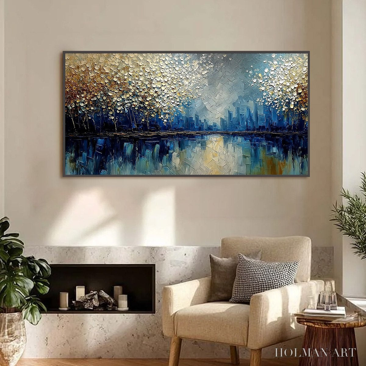 HOLMAN ART Golden Horizon – Textured Abstract Cityscape Painting with Golden Hues - image 2