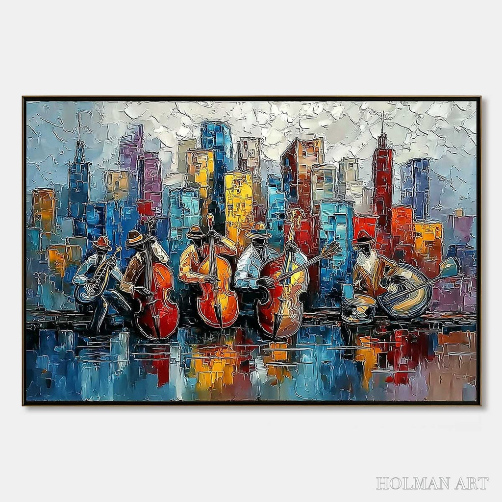 HOLMAN ART Urban Serenade – Textured Palette Knife Painting of Jazz Musicians and Cityscape - image 1
