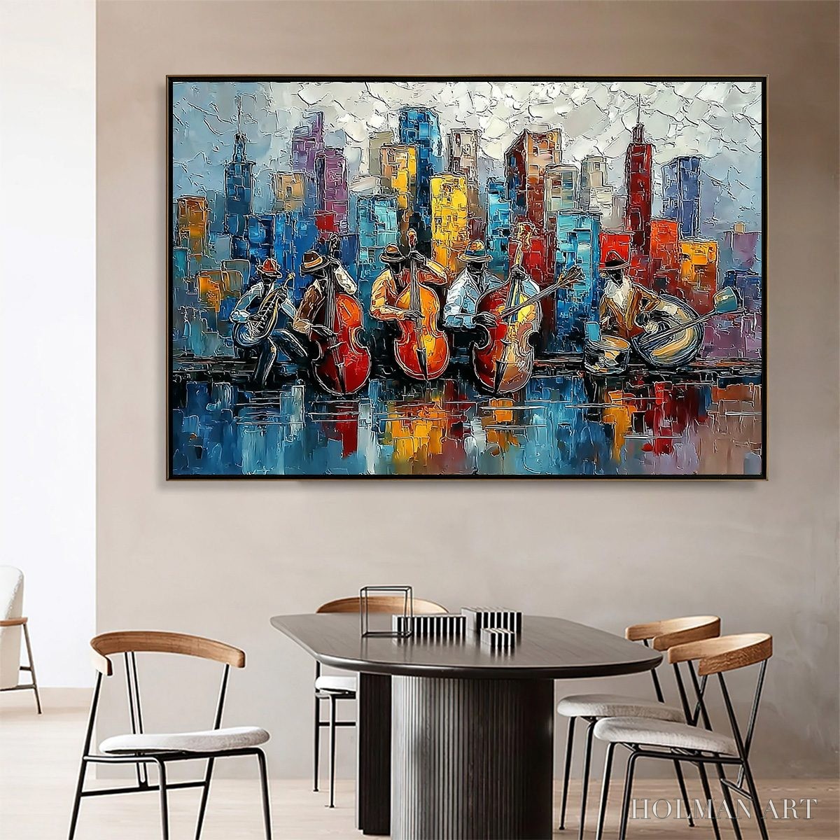 HOLMAN ART Urban Serenade – Textured Palette Knife Painting of Jazz Musicians and Cityscape - image 2