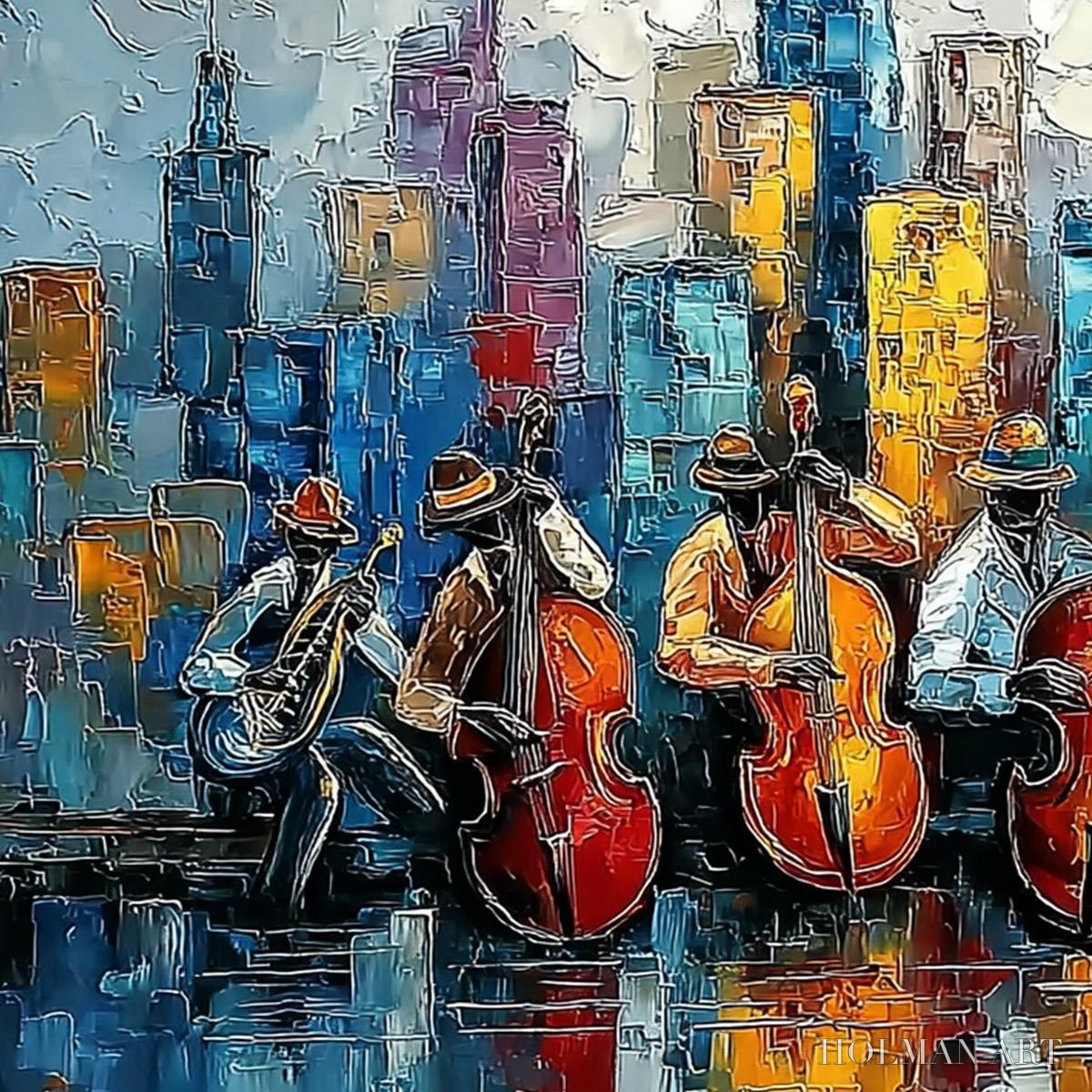 HOLMAN ART Urban Serenade – Textured Palette Knife Painting of Jazz Musicians and Cityscape - image 3