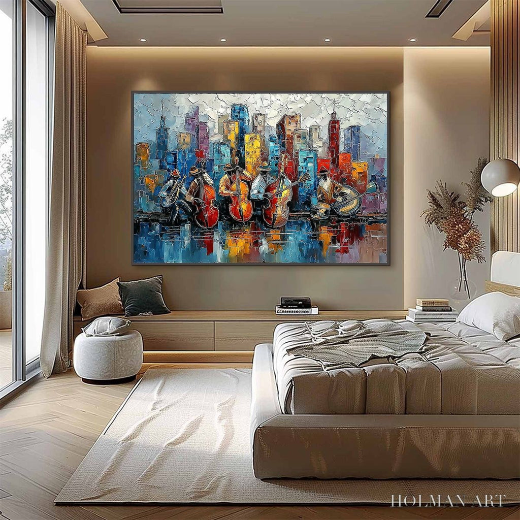 HOLMAN ART Urban Serenade – Textured Palette Knife Painting of Jazz Musicians and Cityscape - image 4