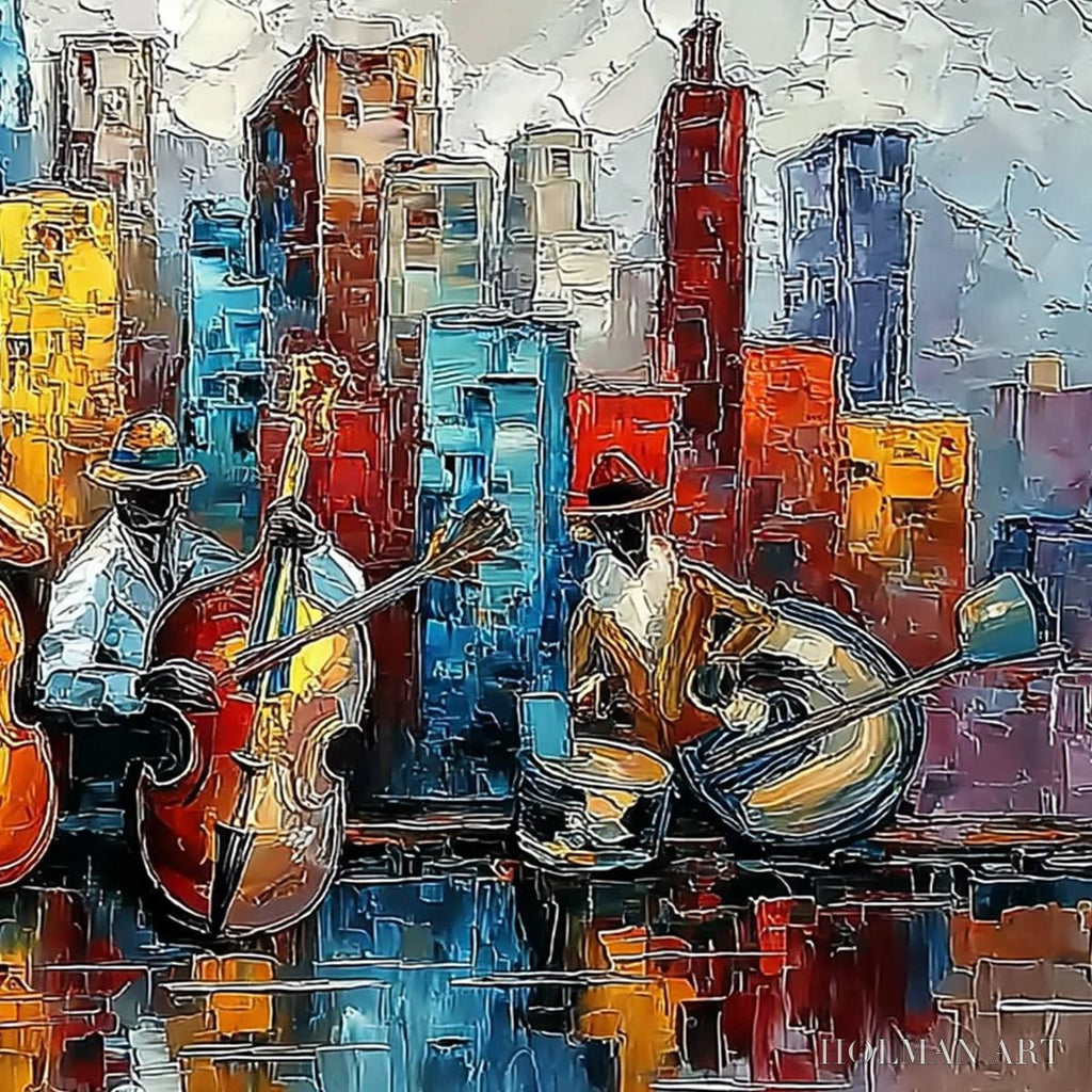 HOLMAN ART Urban Serenade – Textured Palette Knife Painting of Jazz Musicians and Cityscape - image 5