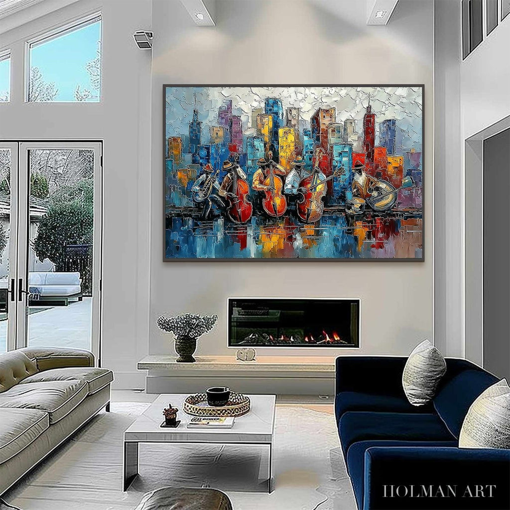 HOLMAN ART Urban Serenade – Textured Palette Knife Painting of Jazz Musicians and Cityscape - image 6