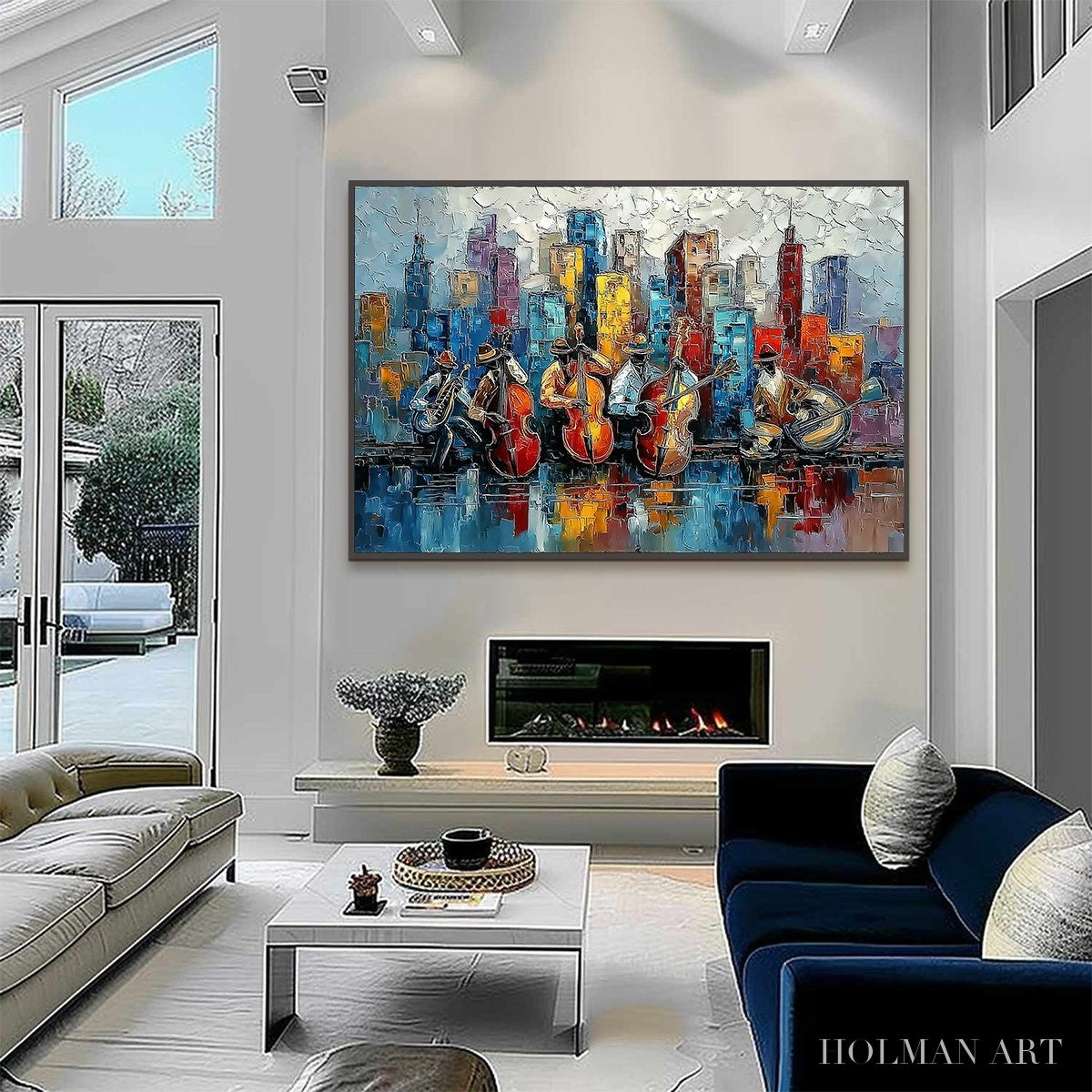 HOLMAN ART Urban Serenade – Textured Palette Knife Painting of Jazz Musicians and Cityscape - image 6