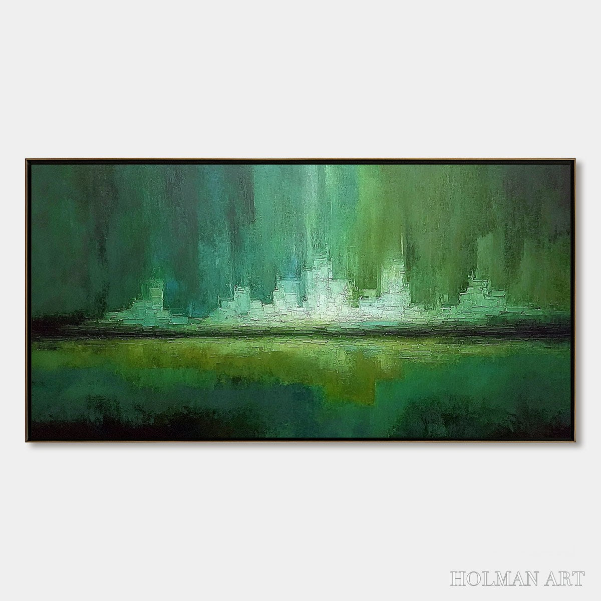 HOLMAN ART Emerald Horizon – Abstract Green Textured Cityscape Oil Painting - image 1