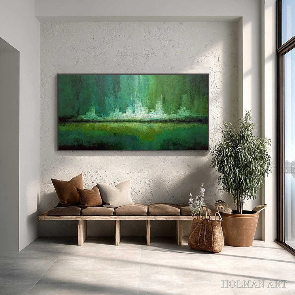 HOLMAN ART Emerald Horizon – Abstract Green Textured Cityscape Oil Painting - image 2