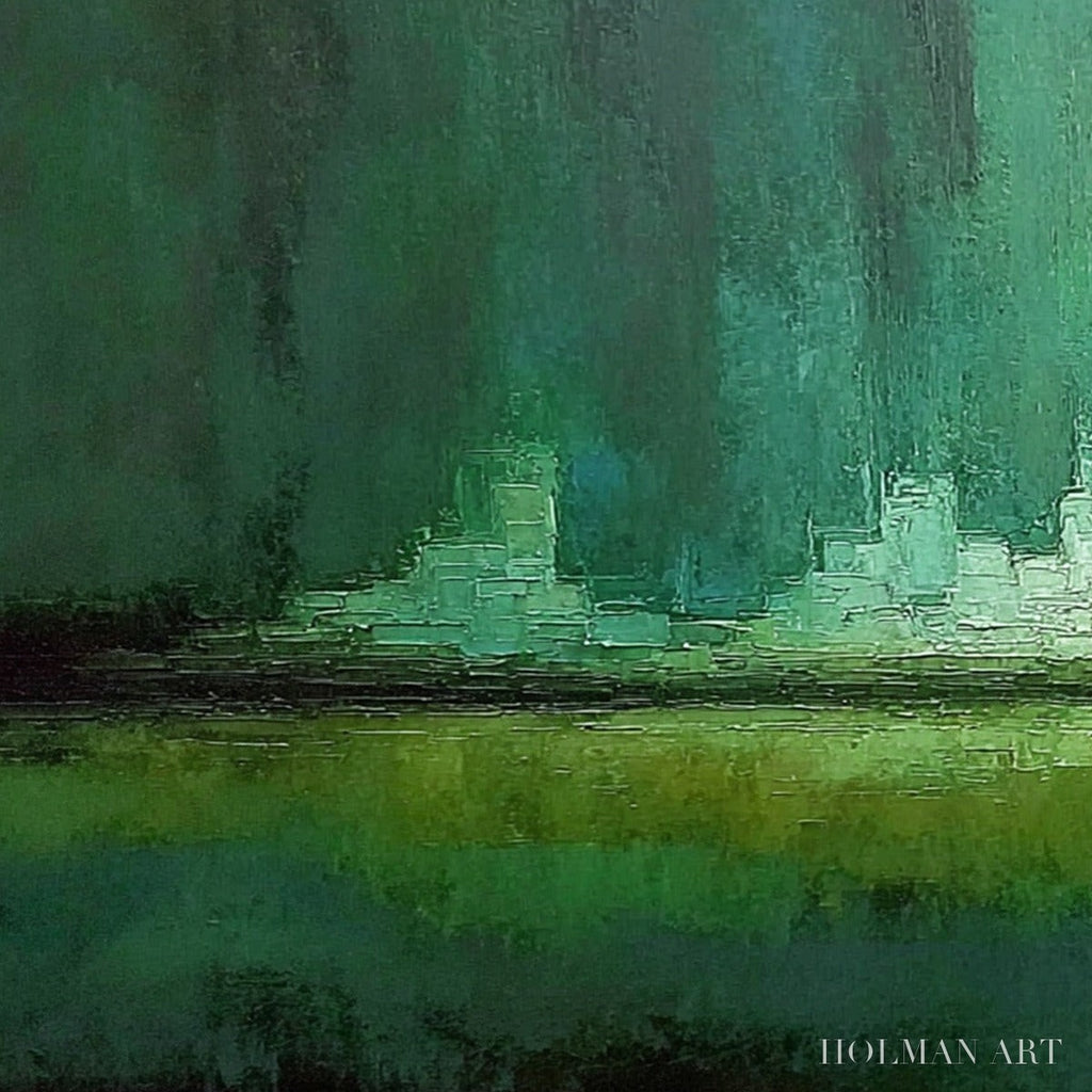 HOLMAN ART Emerald Horizon – Abstract Green Textured Cityscape Oil Painting - image 3