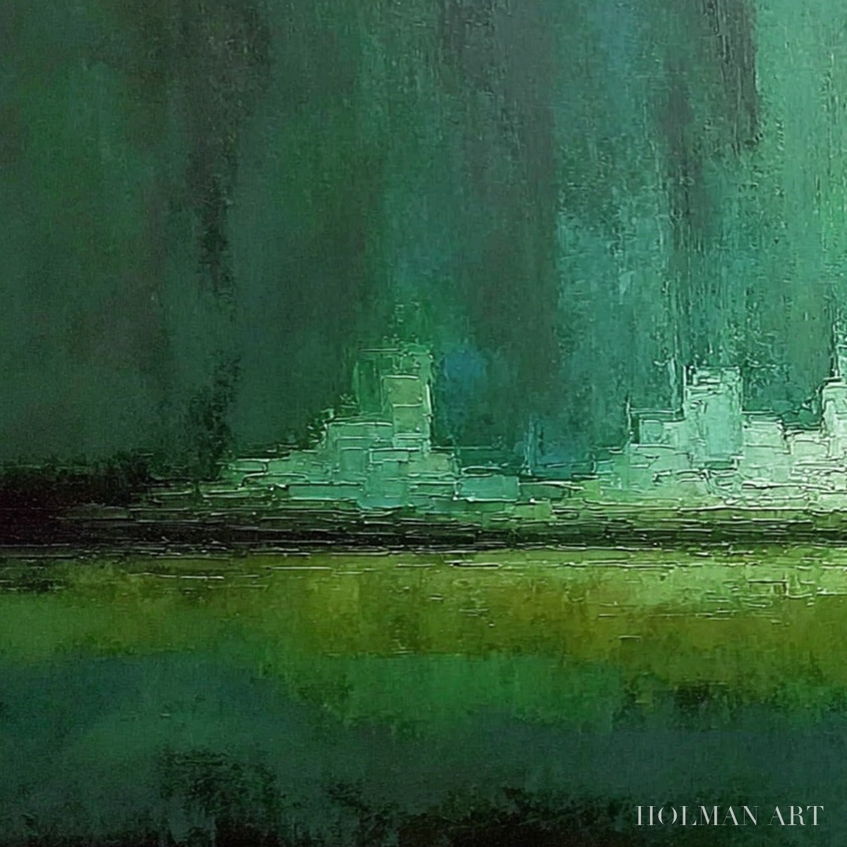 HOLMAN ART Emerald Horizon – Abstract Green Textured Cityscape Oil Painting - image 3